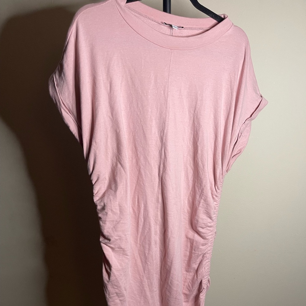 blush pink short sleeved ruched dress